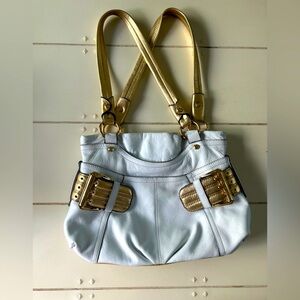 B. Makowsky White and Gold Leather Shoulder Bag with Metallic Accents